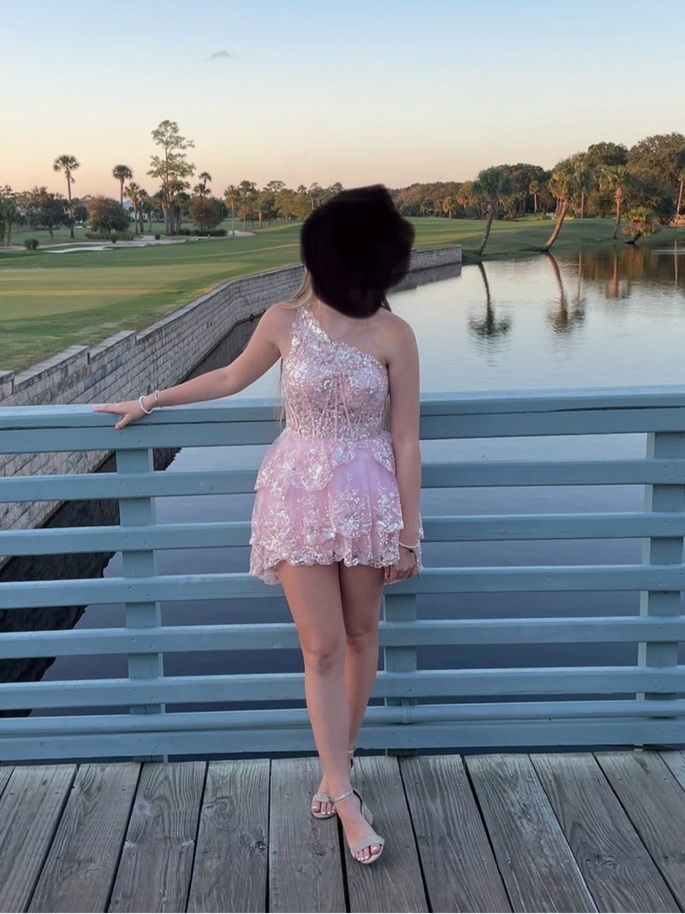 Embellished One-Shoulder Pink Lace Mini Dress